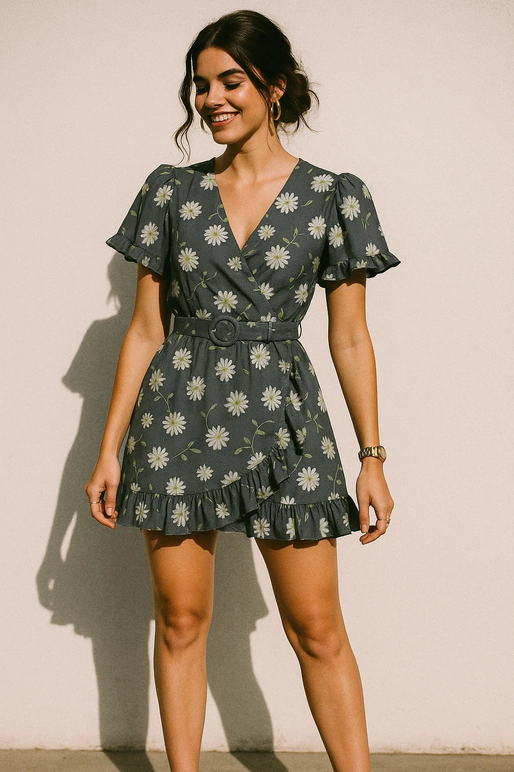 White Aster With Gray Background Digital Printed Fabric - Silk Crepe