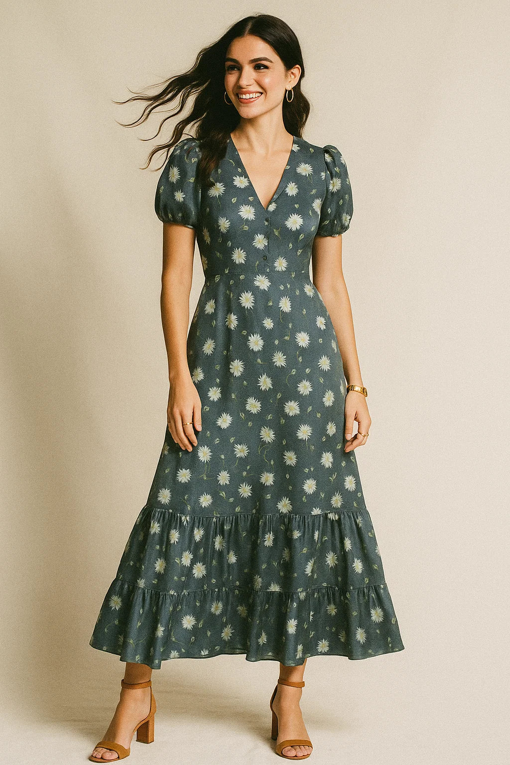 White Aster With Gray Background Digital Printed Fabric - Silk Crepe