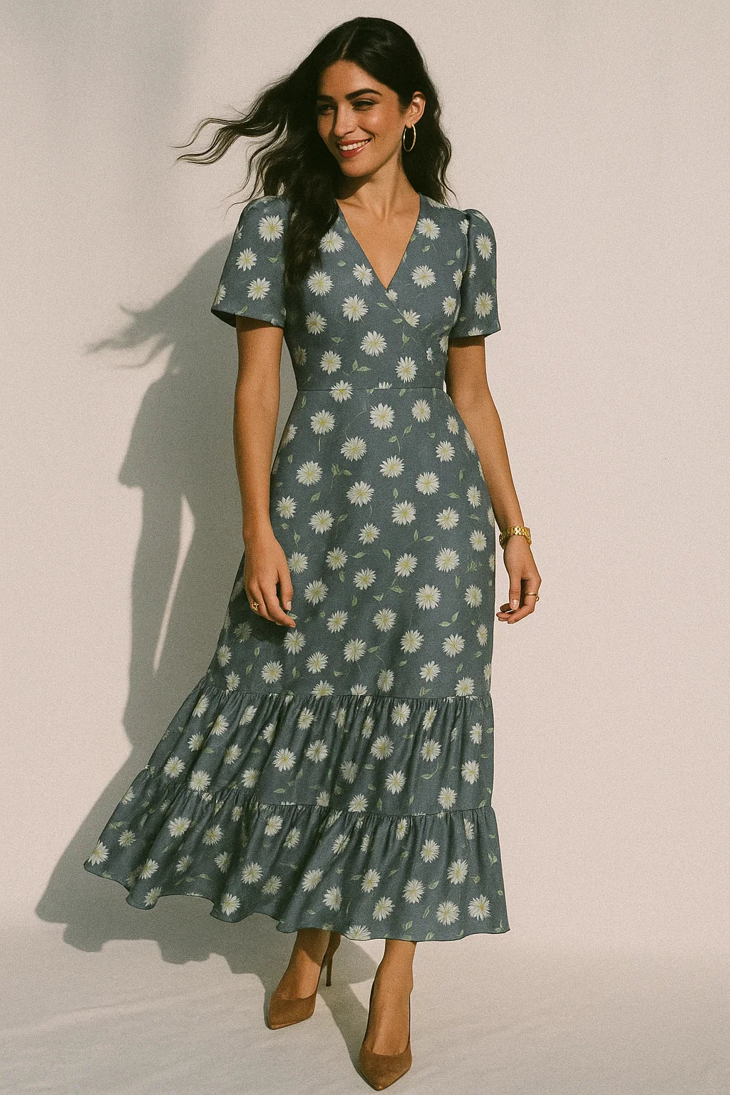 White Aster With Gray Background Digital Printed Fabric - Silk Crepe