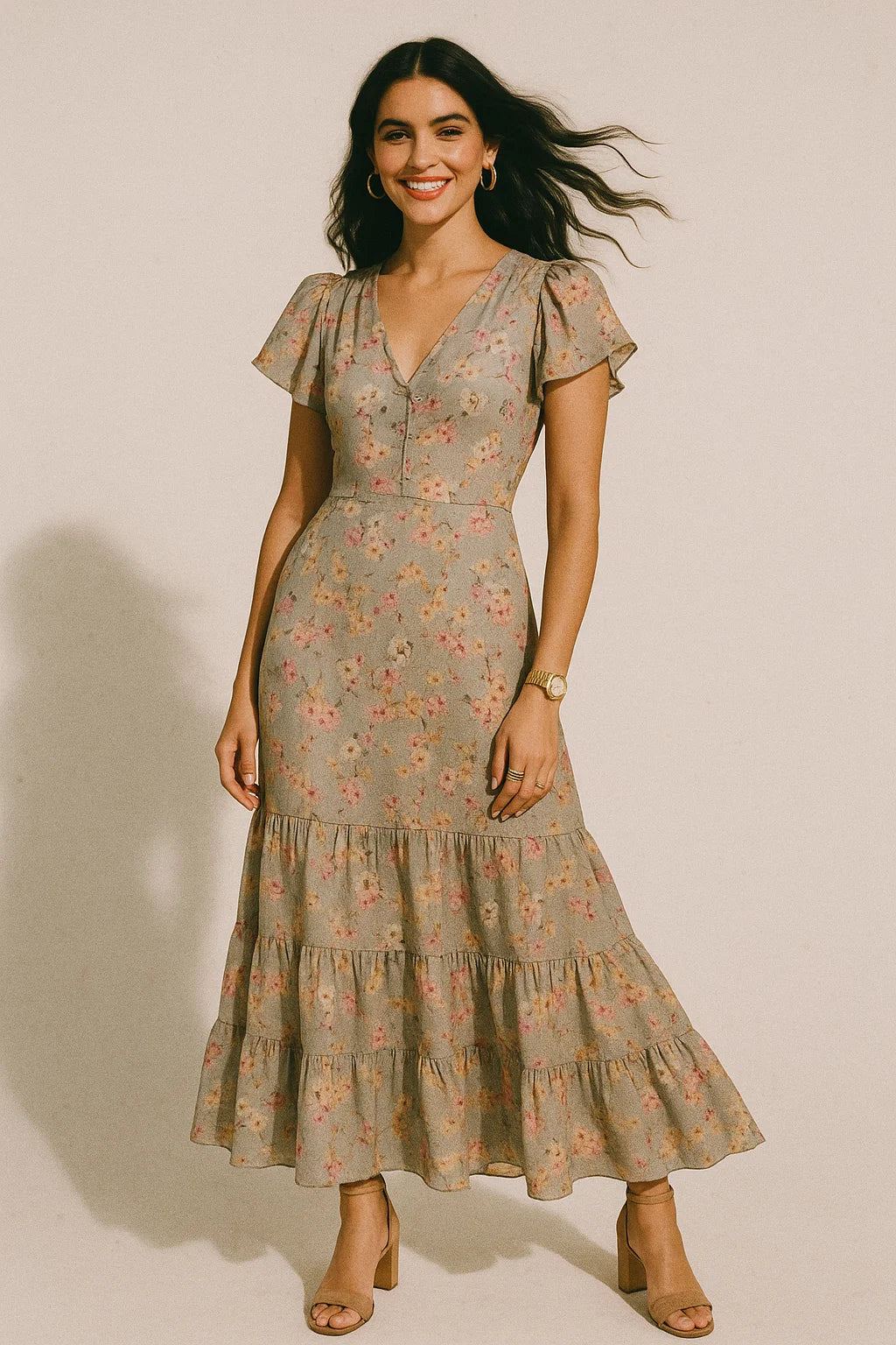 Beautiful Ditsy Gold Sand With Pot Pourri Colour Digital Printed Fabric - Silk Crepe