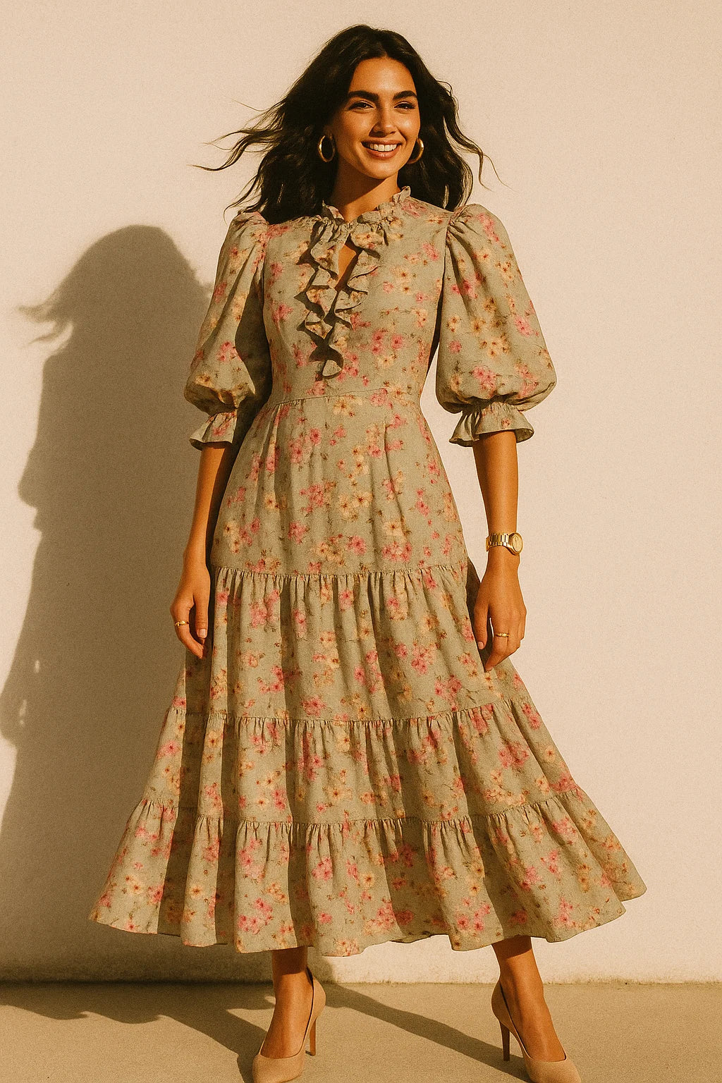 Beautiful Ditsy Gold Sand With Pot Pourri Colour Digital Printed Fabric - Silk Crepe