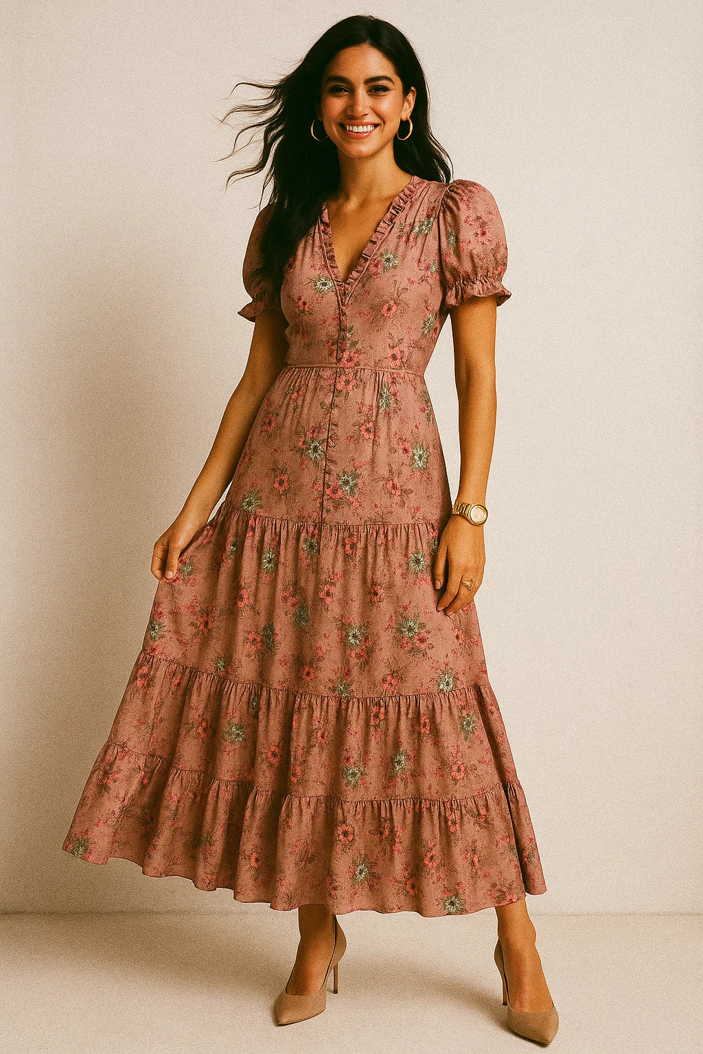 Tiny Sunflower Pista With Mandys Pink Digital Printed Fabric - Silk Crepe