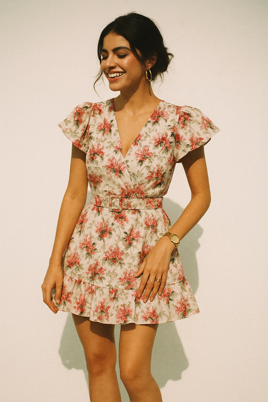 Tiny Daffodil Flower With Birch Leaves Digital Printed Fabric - Silk Crepe