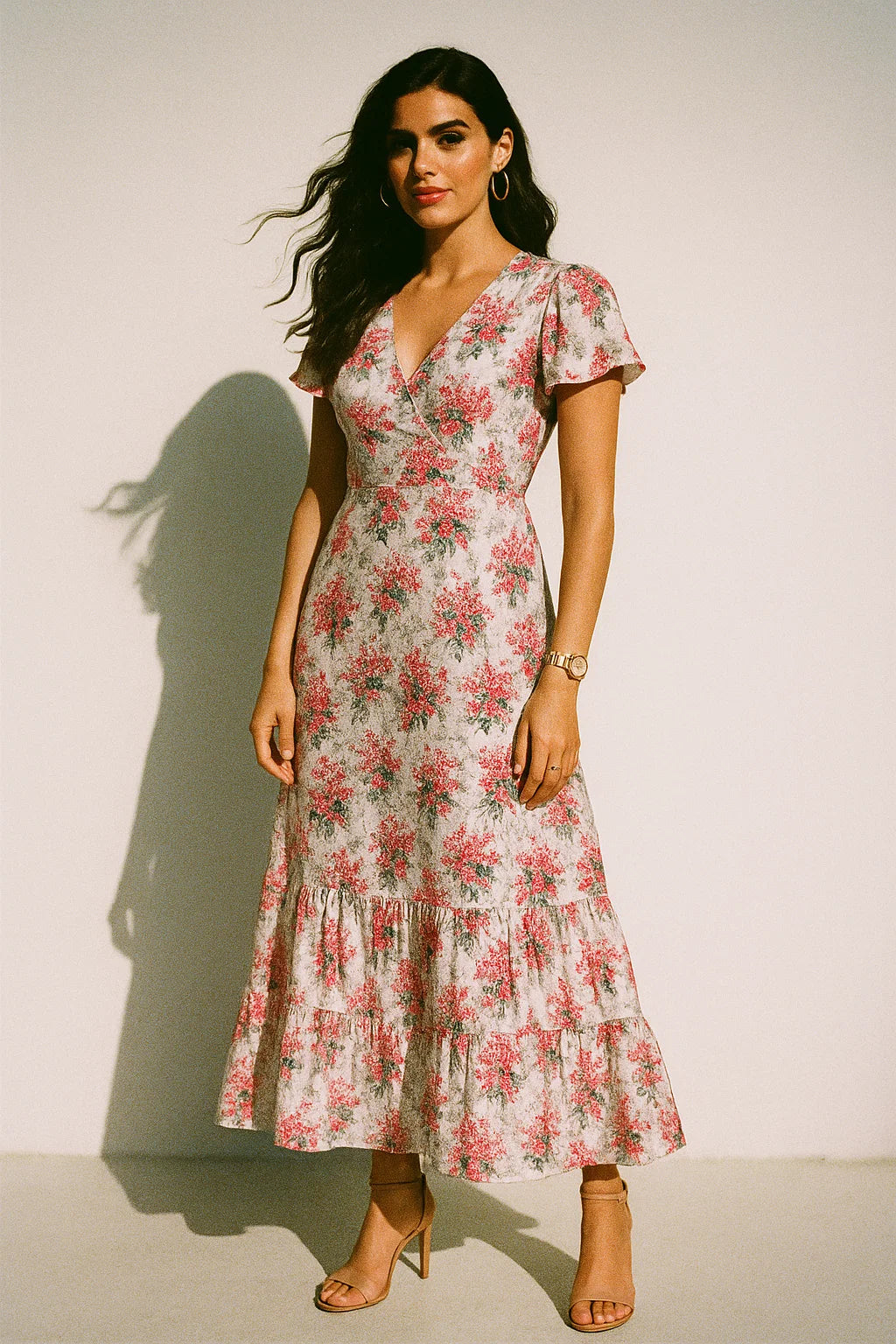 Tiny Daffodil Flower With Birch Leaves Digital Printed Fabric - Silk Crepe