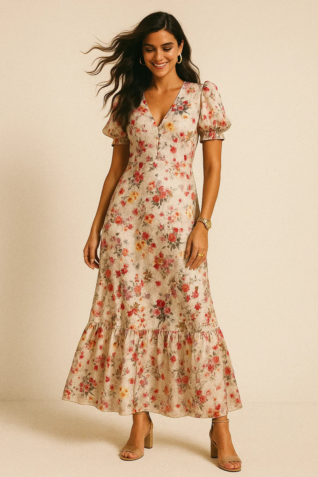 Beautifull Red And Pink Camellia Rose Of Branch Digital Printed Fabric - Silk Crepe