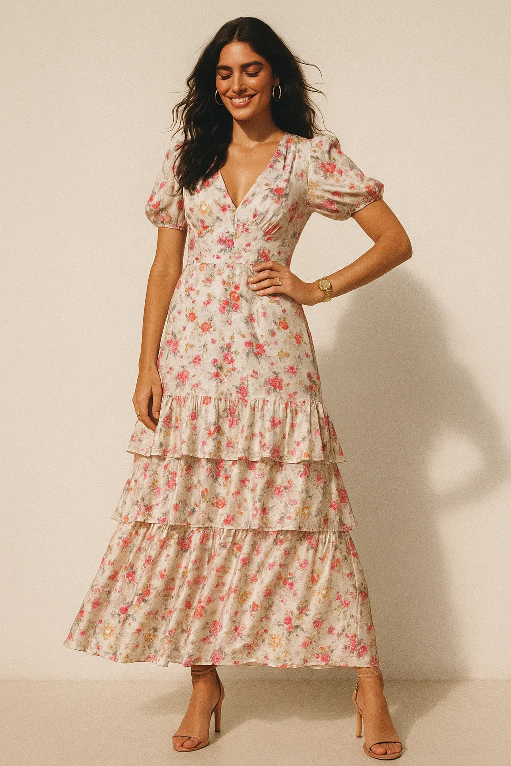 Beautifull Red And Pink Camellia Rose Of Branch Digital Printed Fabric - Silk Crepe