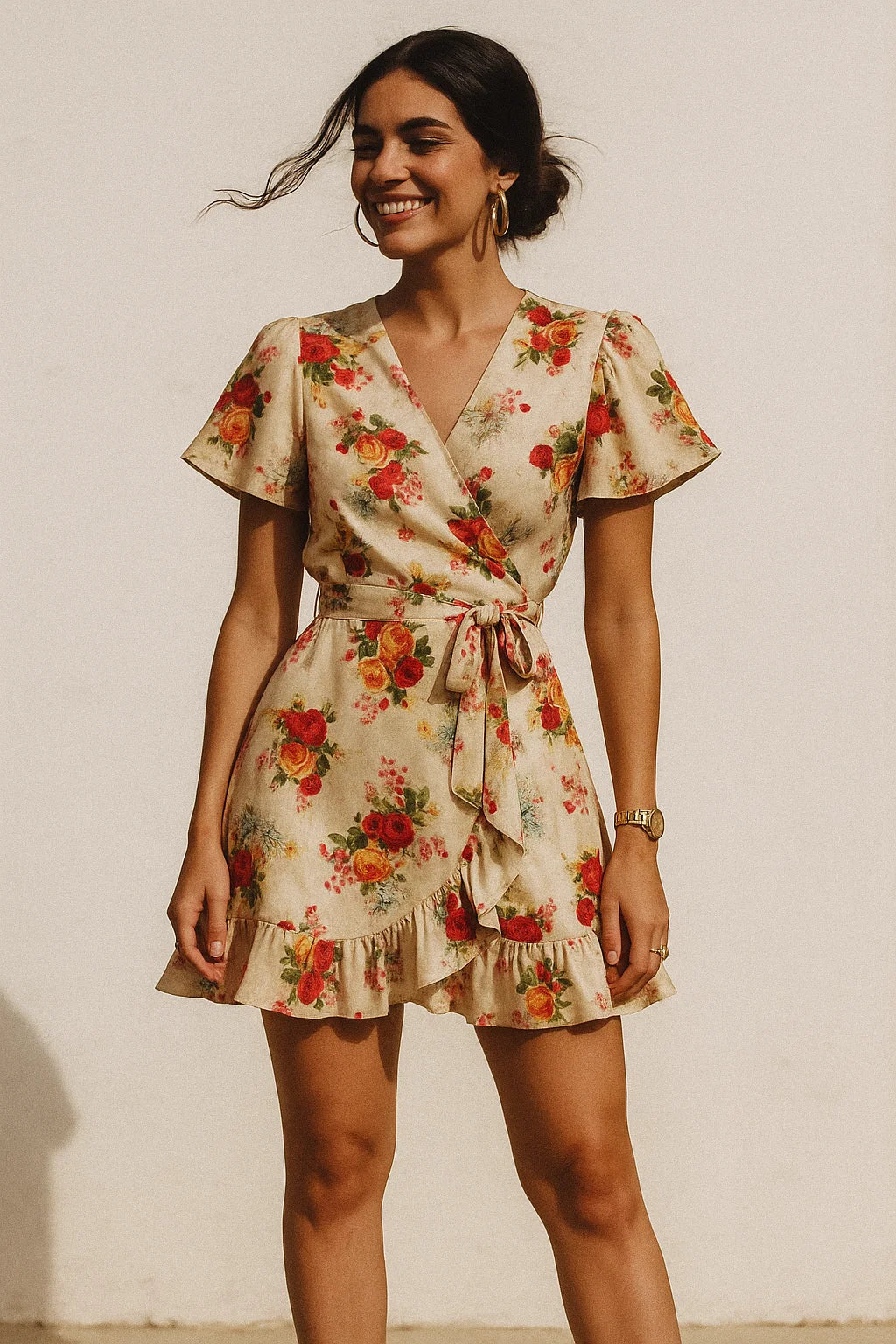 Multicolour Red And Yellow Roses Digital Printed Fabric - Silk Crepe