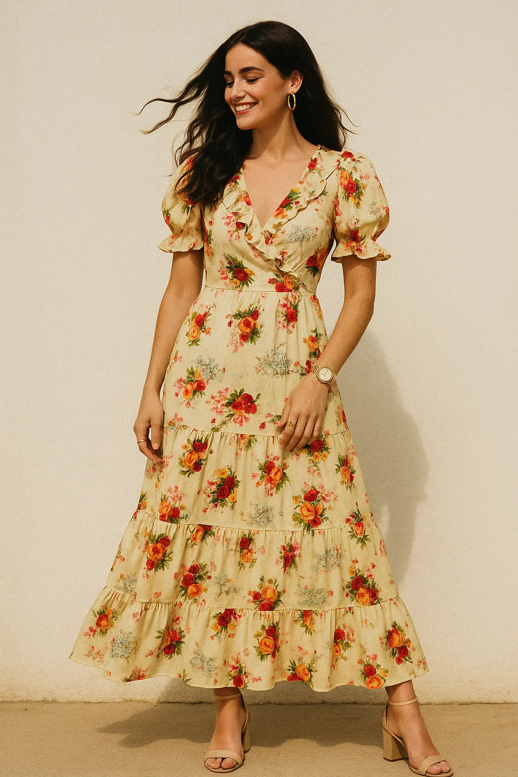 Multicolour Red And Yellow Roses Digital Printed Fabric - Silk Crepe