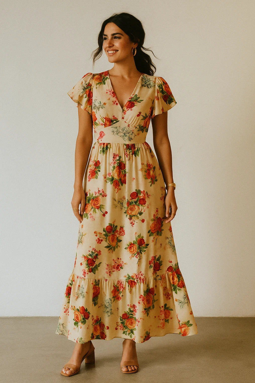 Multicolour Red And Yellow Roses Digital Printed Fabric - Silk Crepe