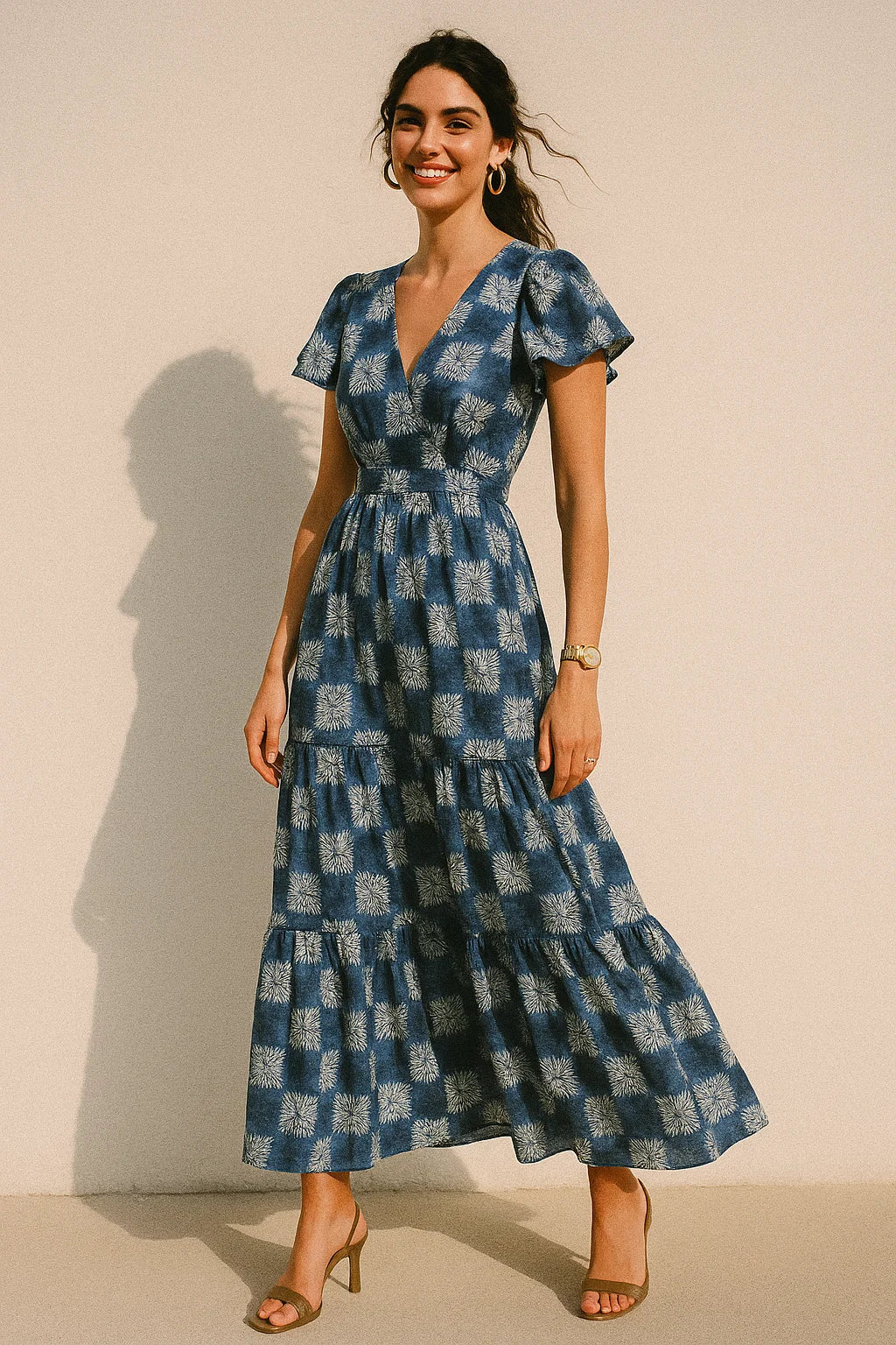 Flower Leaves With Blue Harlequin Digital Printed Fabric - Crepe