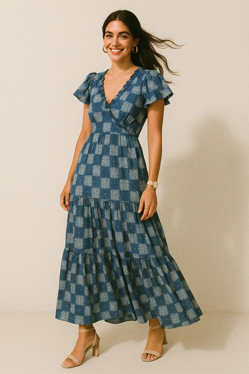 Flower Leaves With Blue Harlequin Digital Printed Fabric - Crepe