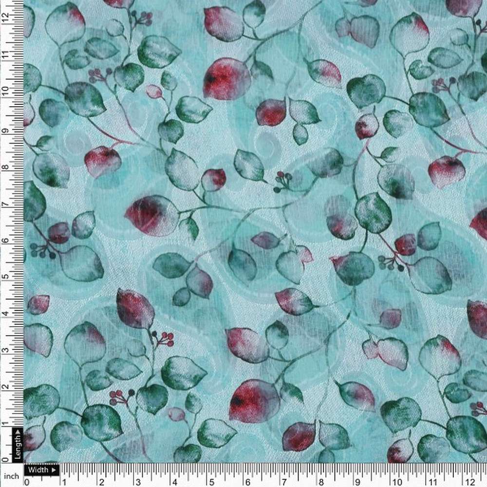 Aqua Blue Brasso Fabric with Watercolour Leaf Print – br 0 ma016480 108 4