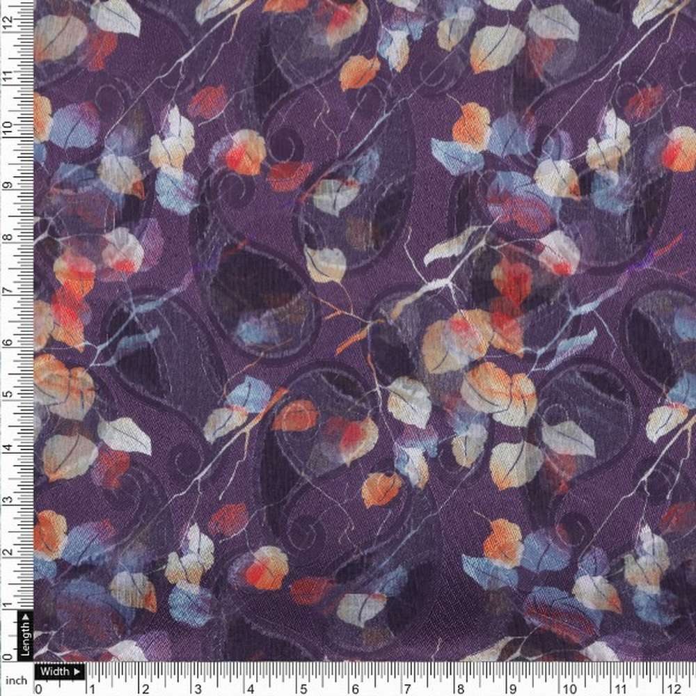 Purple Brasso Fabric with Autumnal Leaves & Paisley Print