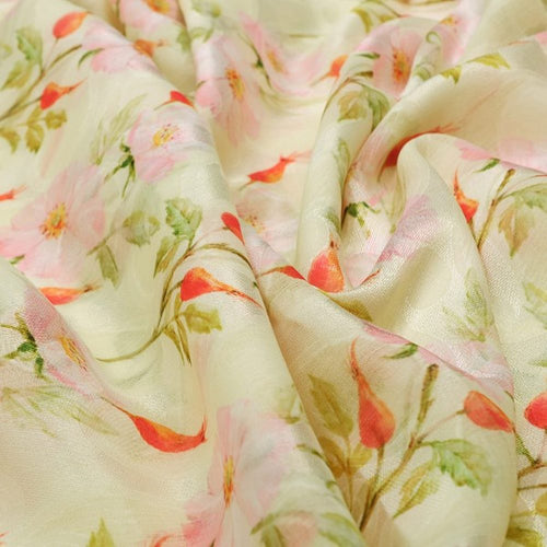 Cream Brasso Fabric with Pink Wild Rose Floral Print