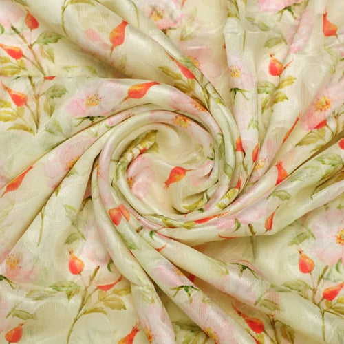 Cream Brasso Fabric with Pink Wild Rose Floral Print