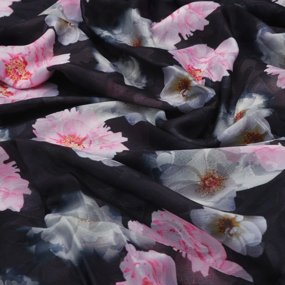 Elegant Black Brasso Fabric with Pink & White Floral Print – br 0 ta08328 108 1