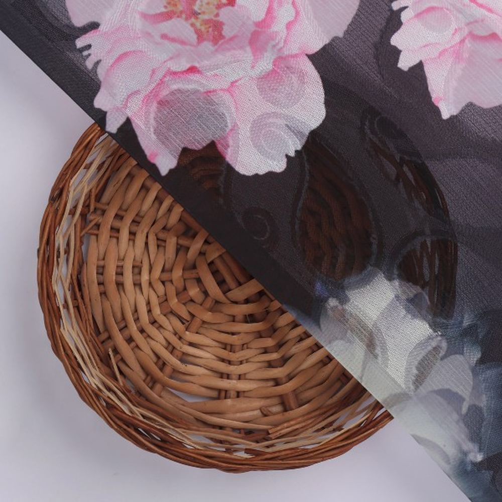 Elegant Black Brasso Fabric with Pink & White Floral Print – br 0 ta08328 108 3