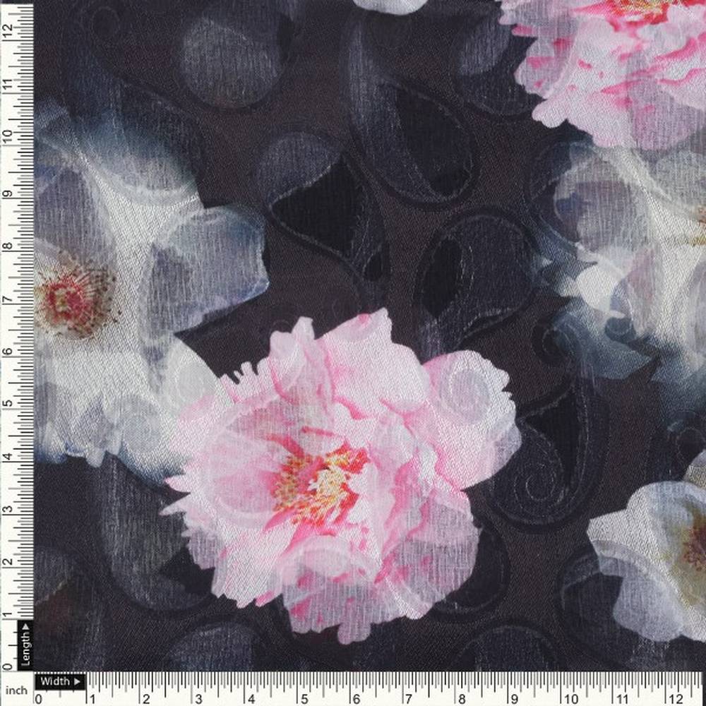 Elegant Black Brasso Fabric with Pink & White Floral Print – br 0 ta08328 108 4