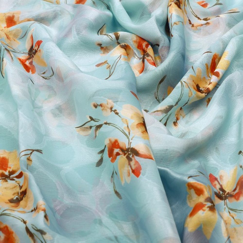 Light Blue and Orange Floral Paisley Print Brasso Fabric