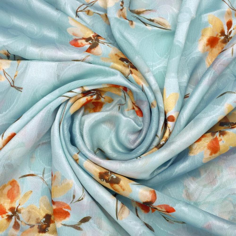 Light Blue and Orange Floral Paisley Print Brasso Fabric