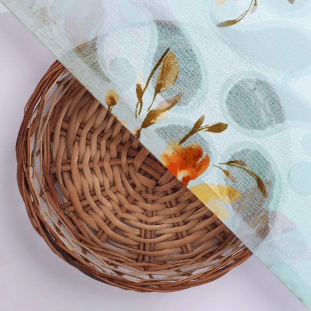 Light Blue and Orange Floral Paisley Print Brasso Fabric