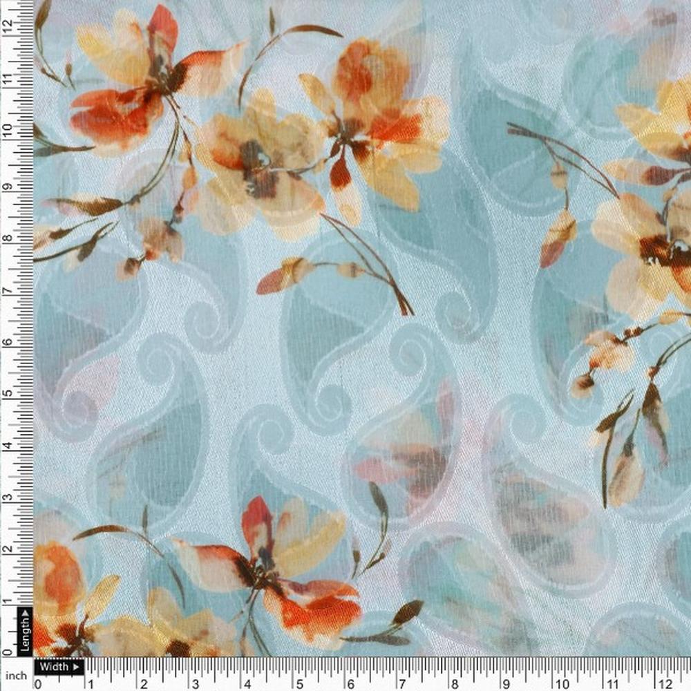 Light Blue and Orange Floral Paisley Print Brasso Fabric