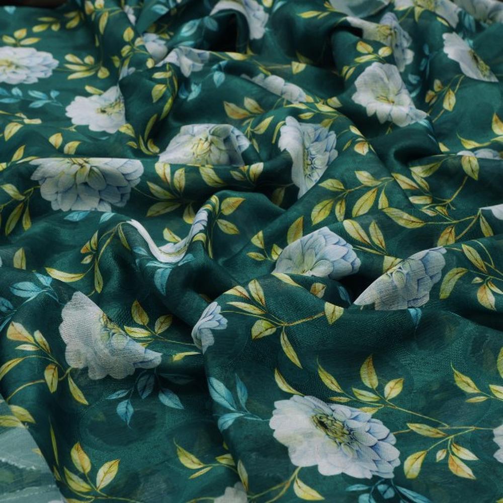 Teal Green & White Floral Garden Print Brasso Fabric – br 0 ta5824 108 1