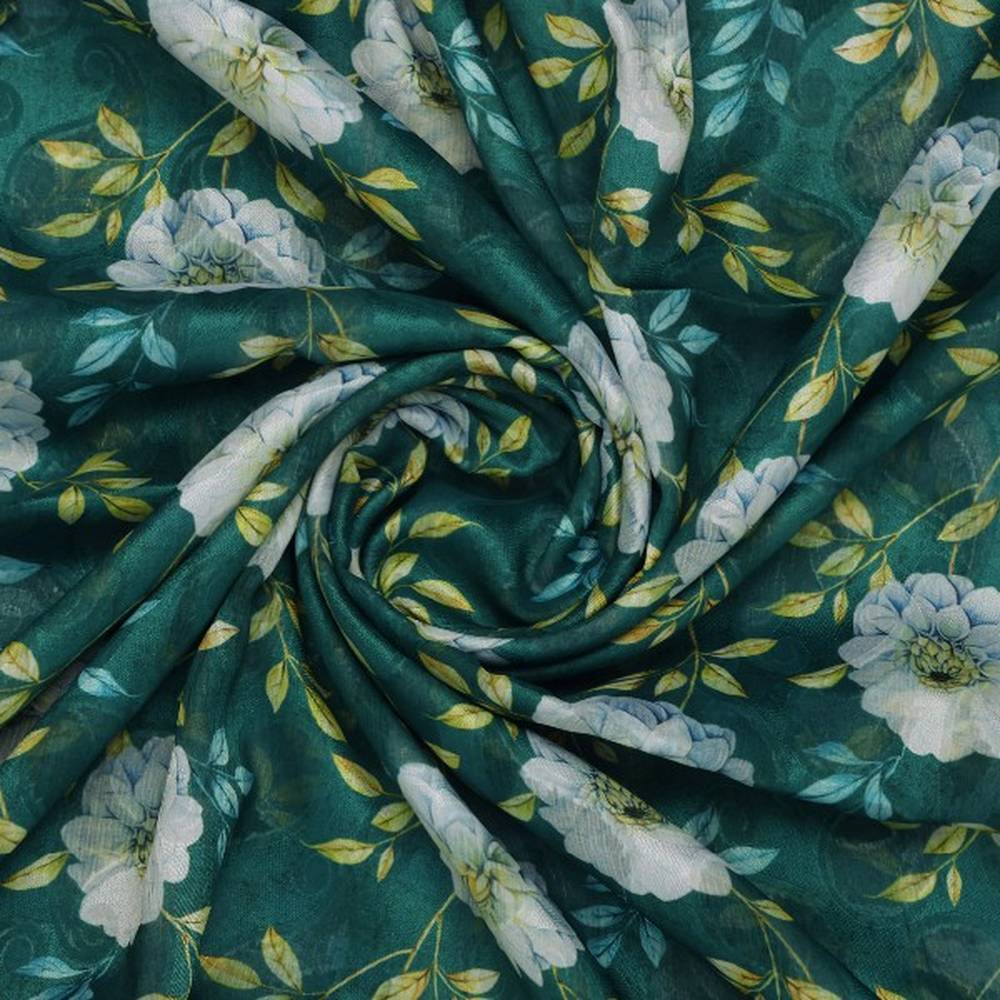 Teal Green & White Floral Garden Print Brasso Fabric – br 0 ta5824 108 2