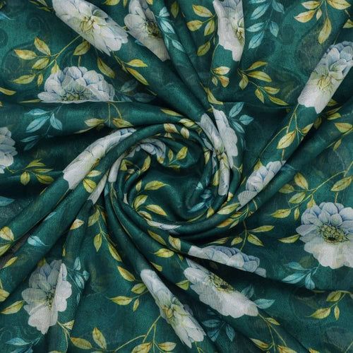Teal Green & White Floral Garden Print Brasso Fabric