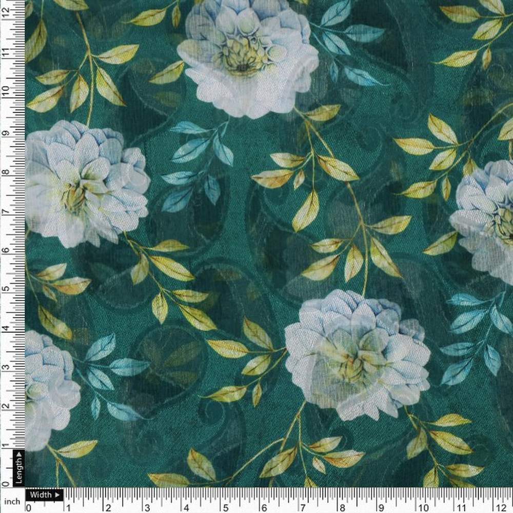 Teal Green & White Floral Garden Print Brasso Fabric – br 0 ta5824 108 4
