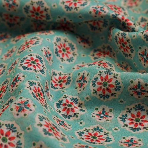 Sea Green Ethnic Medallion Floral Print Chanderi Fabric – ch 0 ma01038 108 1