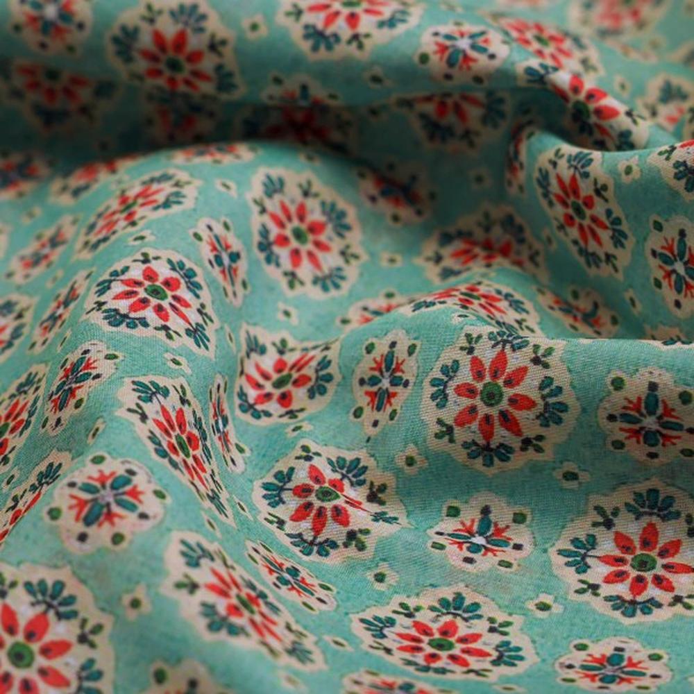 Sea Green Ethnic Medallion Floral Print Chanderi Fabric