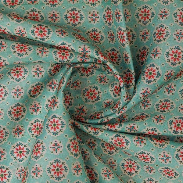 Sea Green Ethnic Medallion Floral Print Chanderi Fabric – ch 0 ma01038 108 2