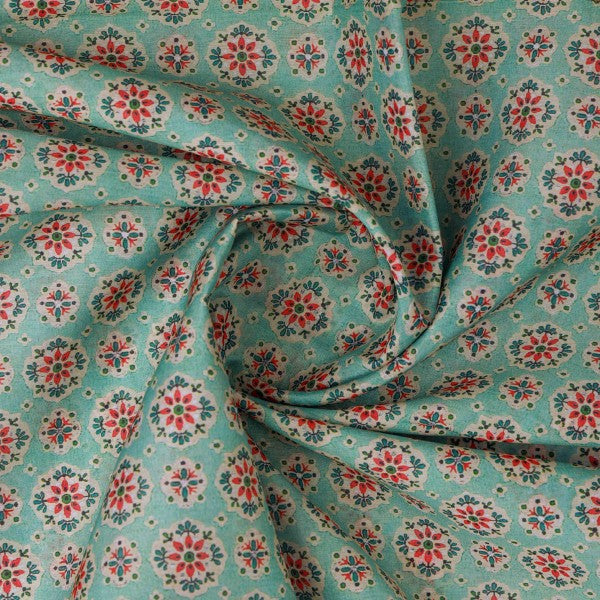 Sea Green Ethnic Medallion Floral Print Chanderi Fabric