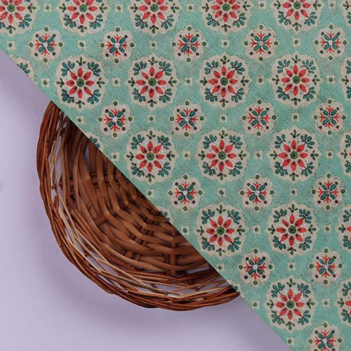 Sea Green Ethnic Medallion Floral Print Chanderi Fabric – ch 0 ma01038 108 3