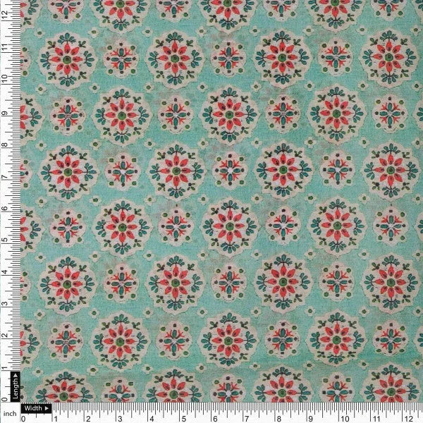 Sea Green Ethnic Medallion Floral Print Chanderi Fabric – ch 0 ma01038 108 4