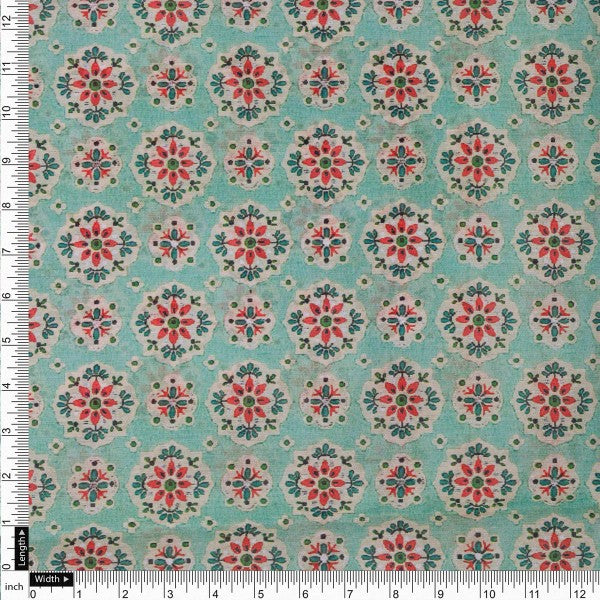 Sea Green Ethnic Medallion Floral Print Chanderi Fabric