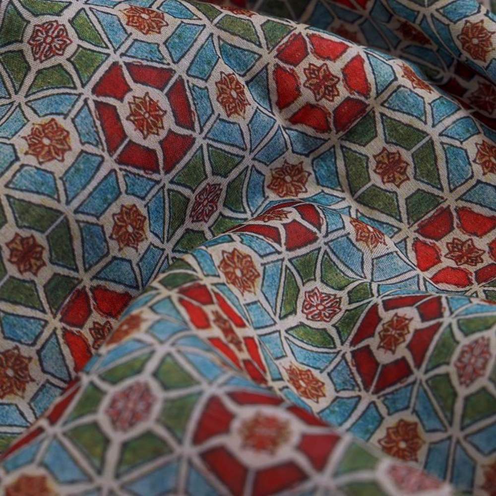 Red & Blue Geometric Mosaic Print Chanderi Fabric – ch 0 ma01140 108 1