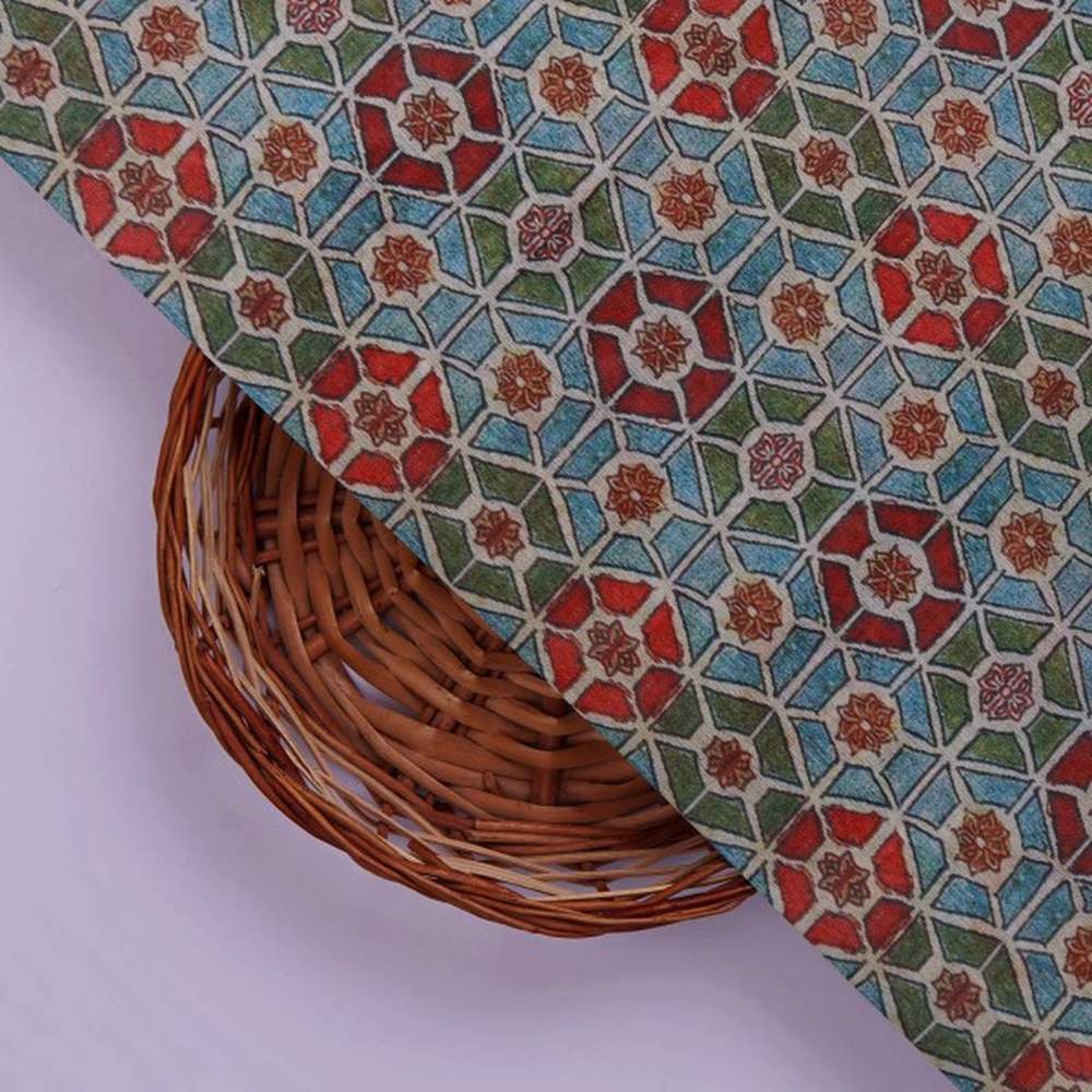 Red & Blue Geometric Mosaic Print Chanderi Fabric – ch 0 ma01140 108 3