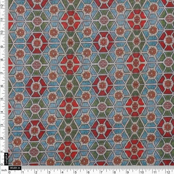 Red & Blue Geometric Mosaic Print Chanderi Fabric – ch 0 ma01140 108 4