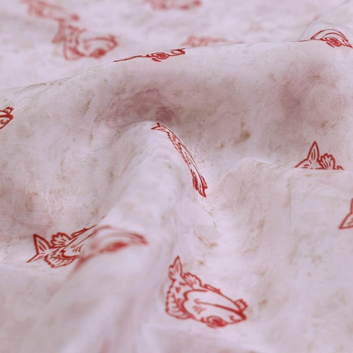 Quirky Red Fish Print on Off White Chanderi Fabric – ch 0 ta0383 108 1