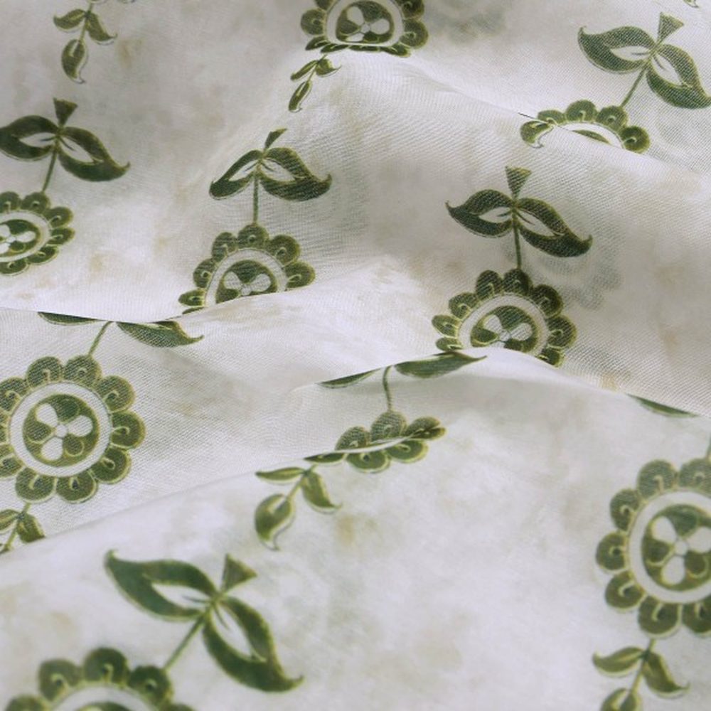 Olive Green Stylised Floral Stripe Chanderi Fabric – ch 0 ta0402 108 1