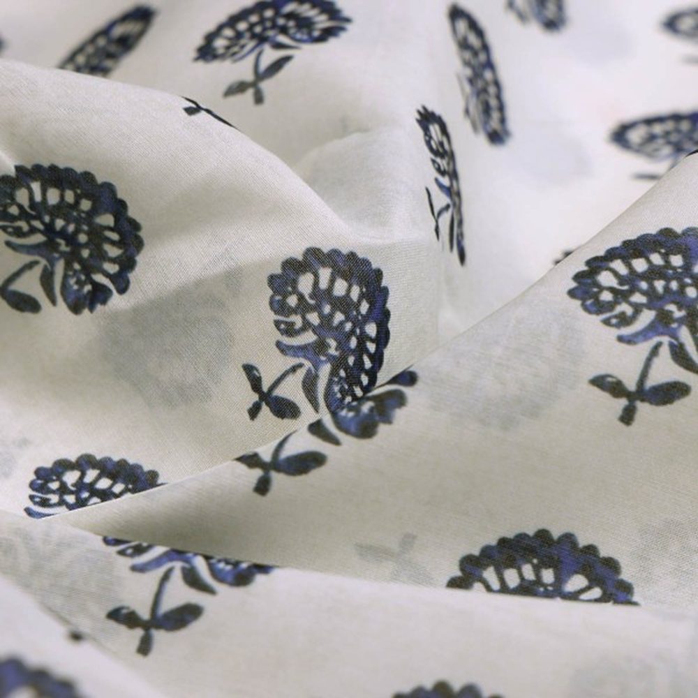 Royal Blue Floral Block Print on White Chanderi Fabric – ch 0 ta0403 108 1