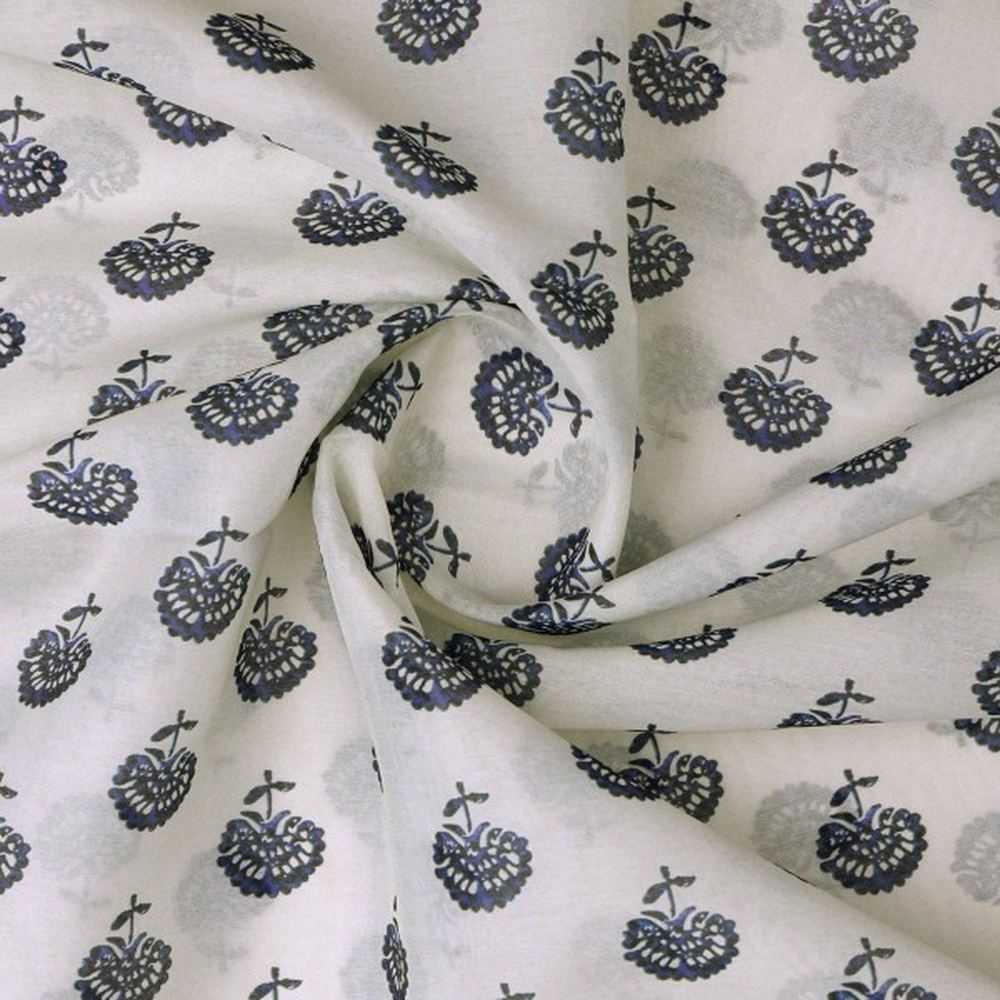 Royal Blue Floral Block Print on White Chanderi Fabric – ch 0 ta0403 108 2
