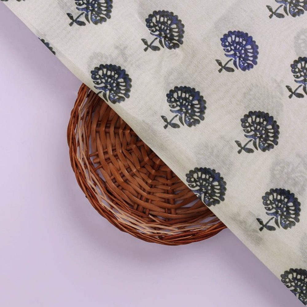 Royal Blue Floral Block Print on White Chanderi Fabric – ch 0 ta0403 108 3