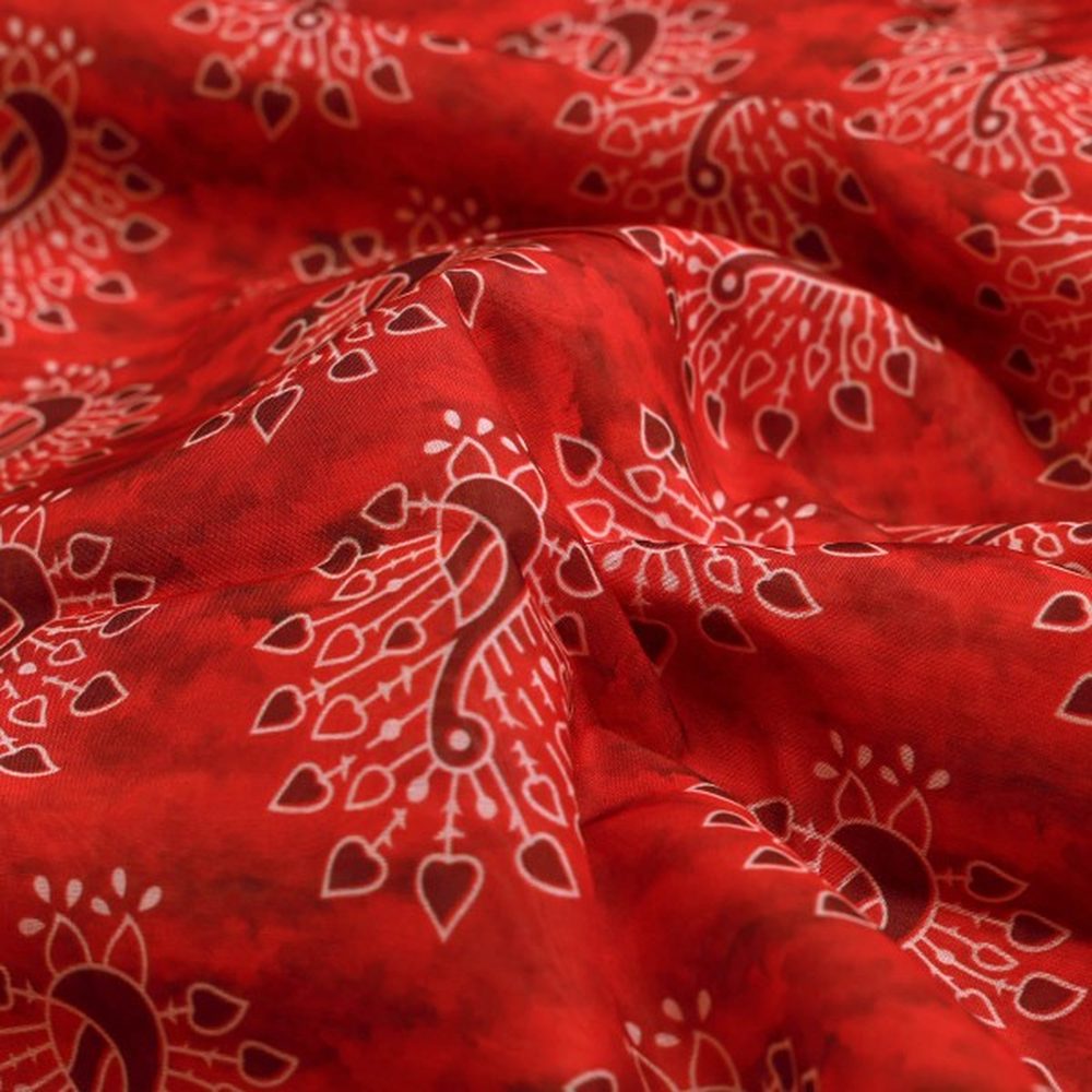 Red and Maroon Stylised Peacock Motif Chanderi Fabric – ch 0 ta0414 108 1