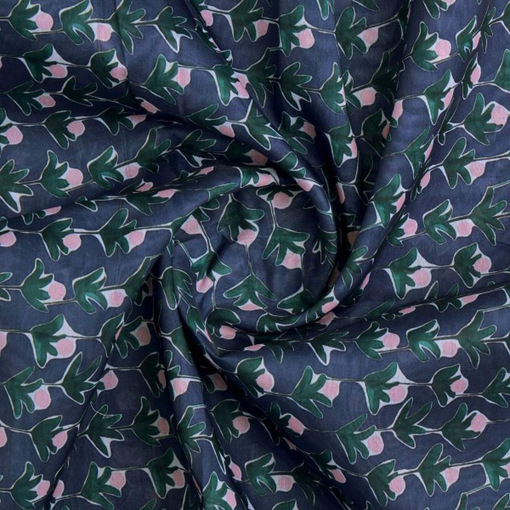 Navy Blue & Green Stylised Floral Chanderi Fabric – ch 0 ta05581 108 2