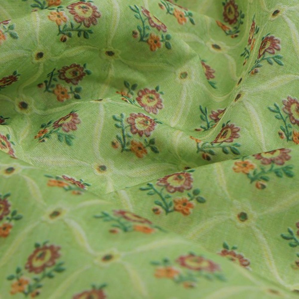 Lime Green Ditsy Floral Ogee Pattern Chanderi Fabric