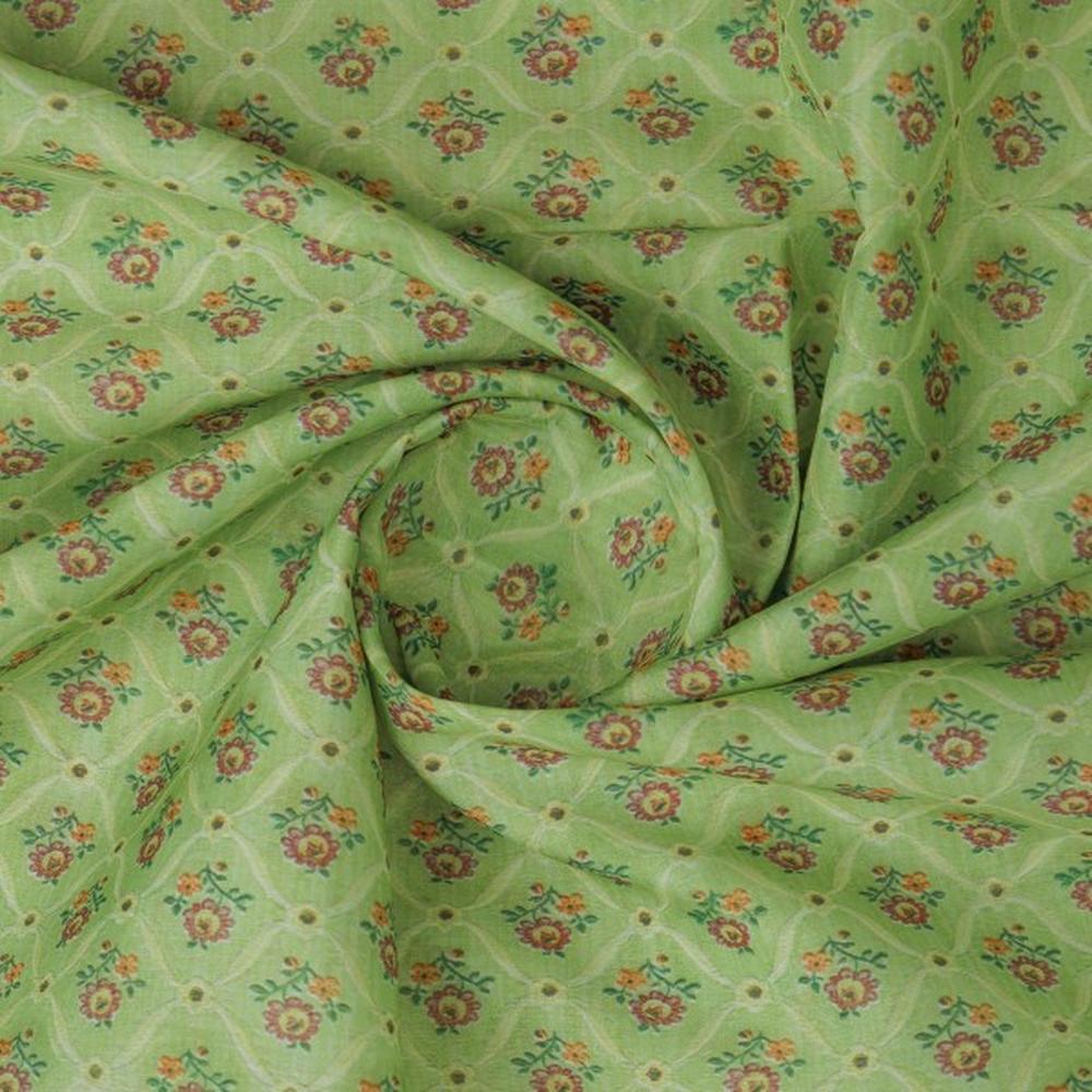 Lime Green Ditsy Floral Ogee Pattern Chanderi Fabric