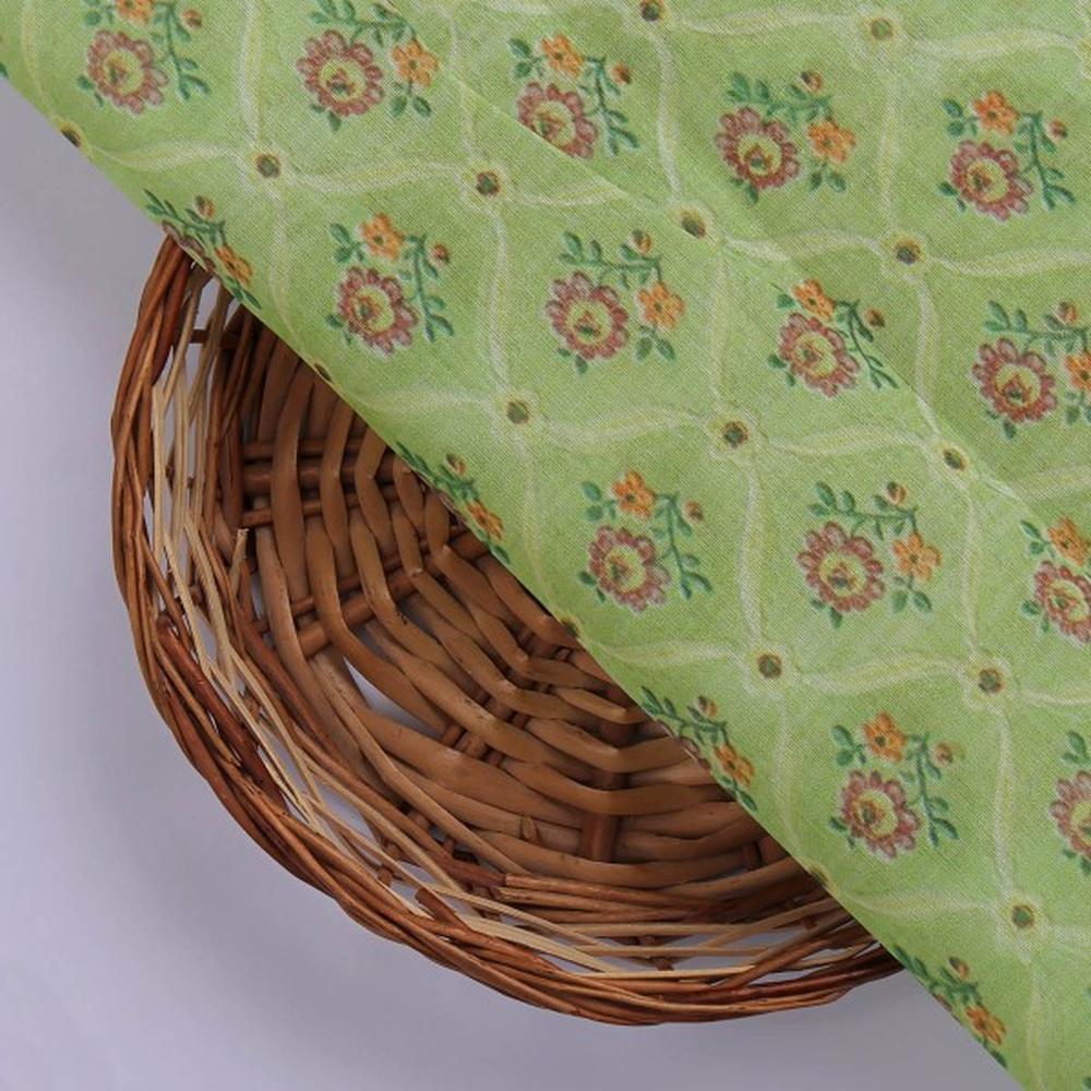 Lime Green Ditsy Floral Ogee Pattern Chanderi Fabric